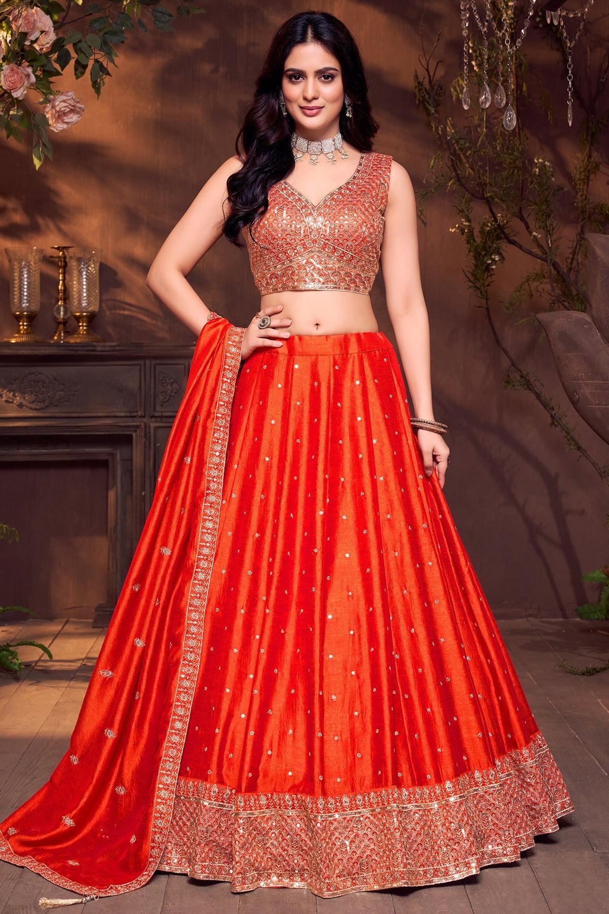 Orange Art Silk Sequin Embroidered Lehenga - red silk saree embroidered