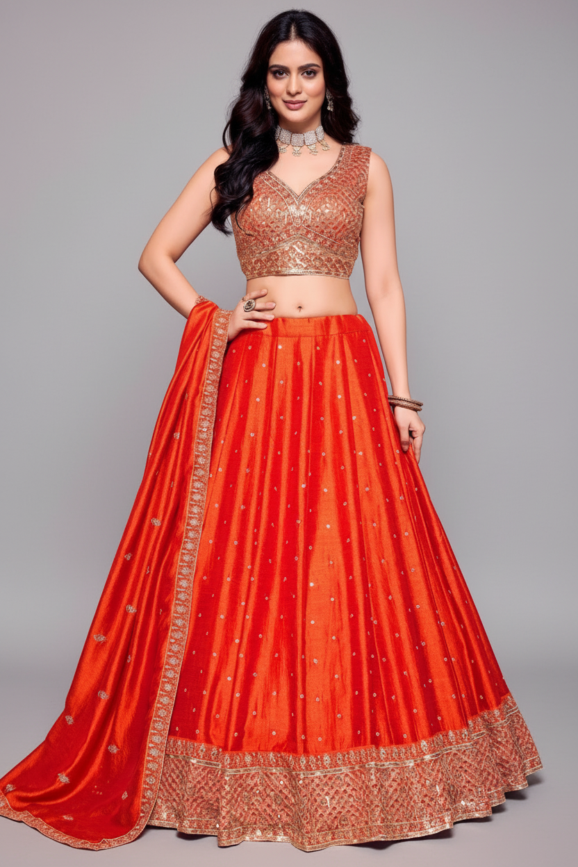 Orange Art Silk Sequin Embroidered Lehenga - red silk saree embroidered Main image