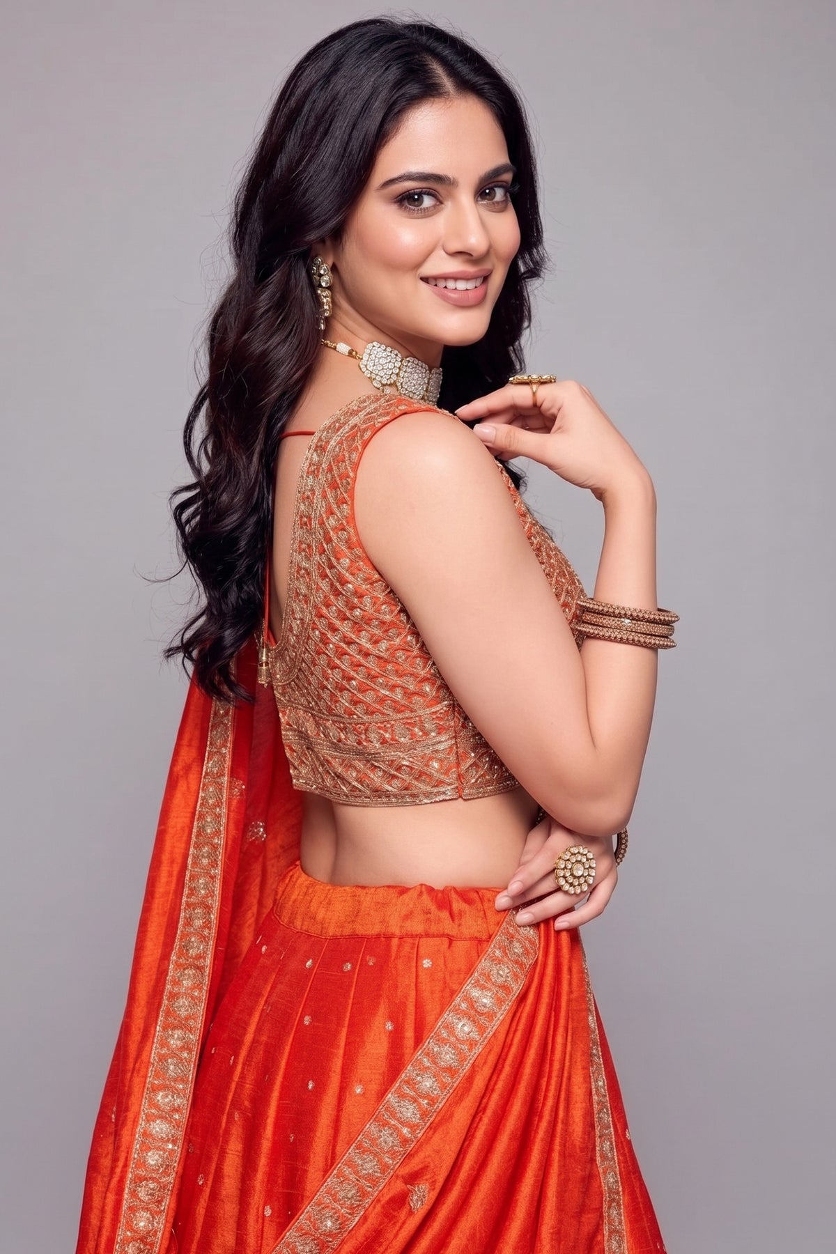Orange Art Silk Sequin Embroidered Lehenga - red silk saree embroidered
