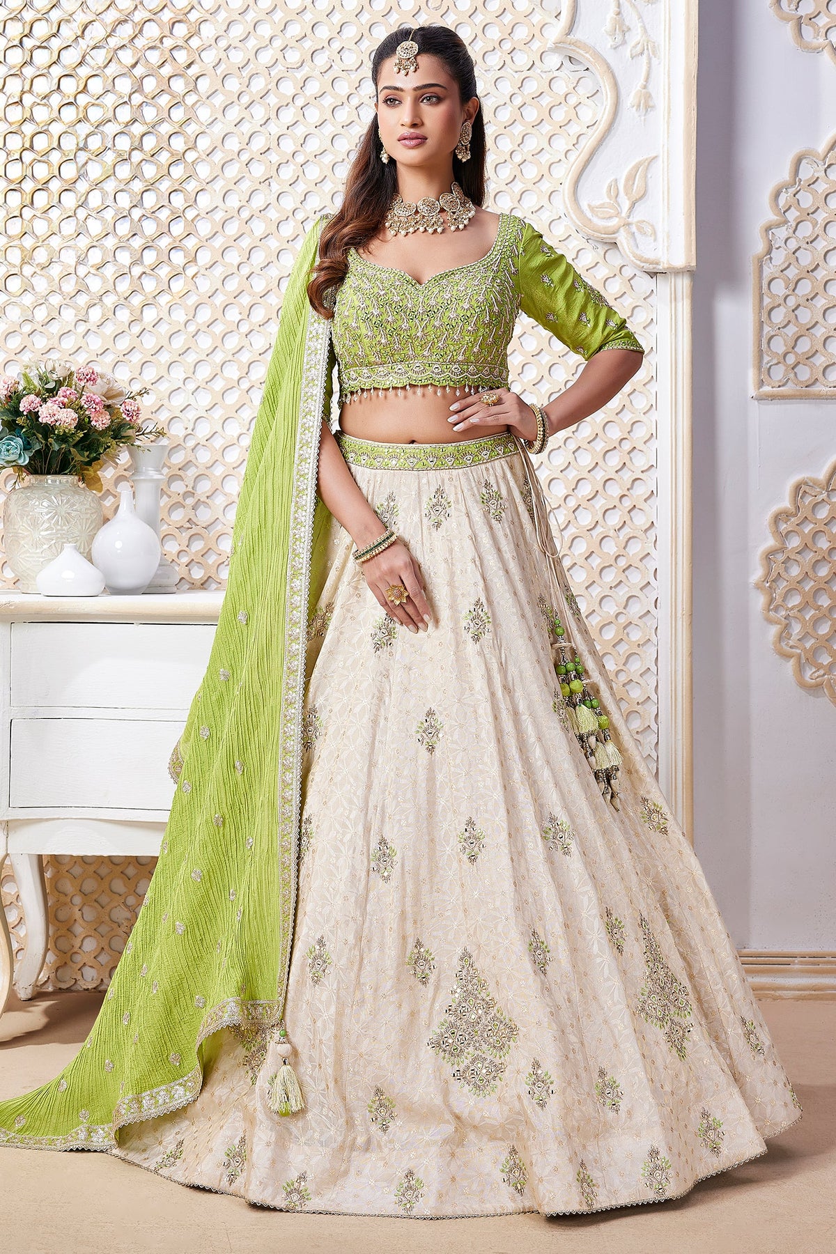 Pearl White Silk Lehenga with Mirror and Sequin Work