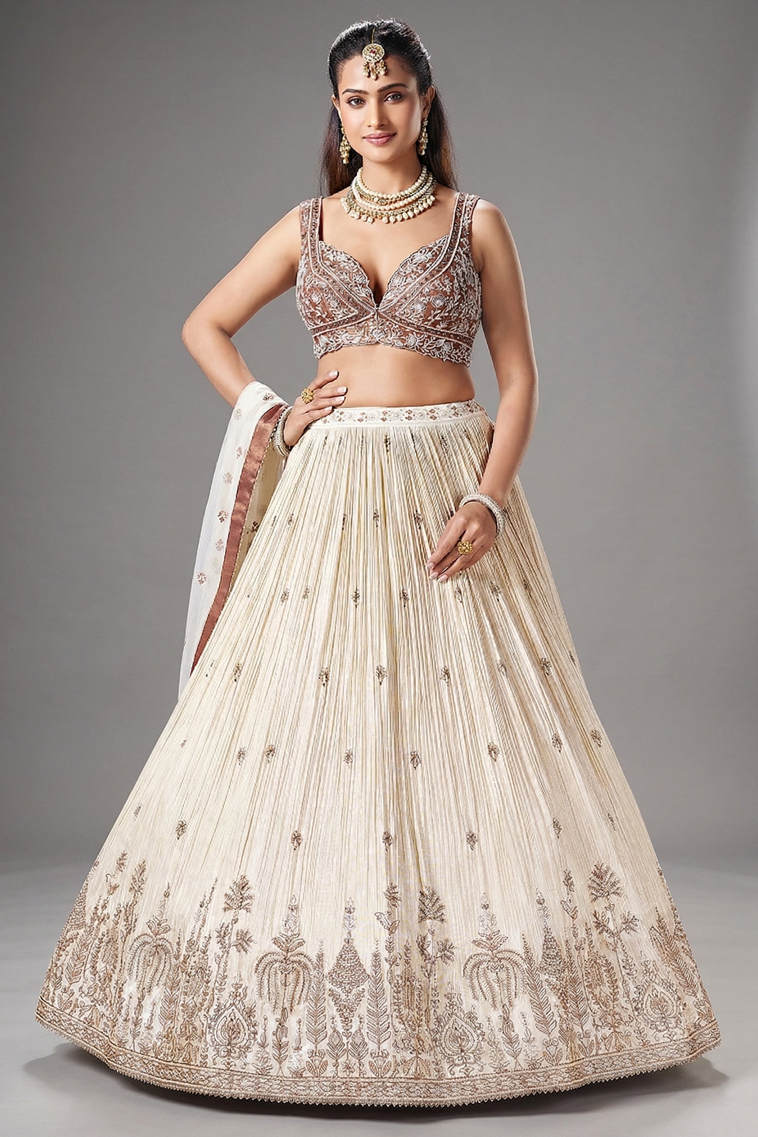 Ivory Cream Sequin Embroidered Lehenga - red saree embroidered