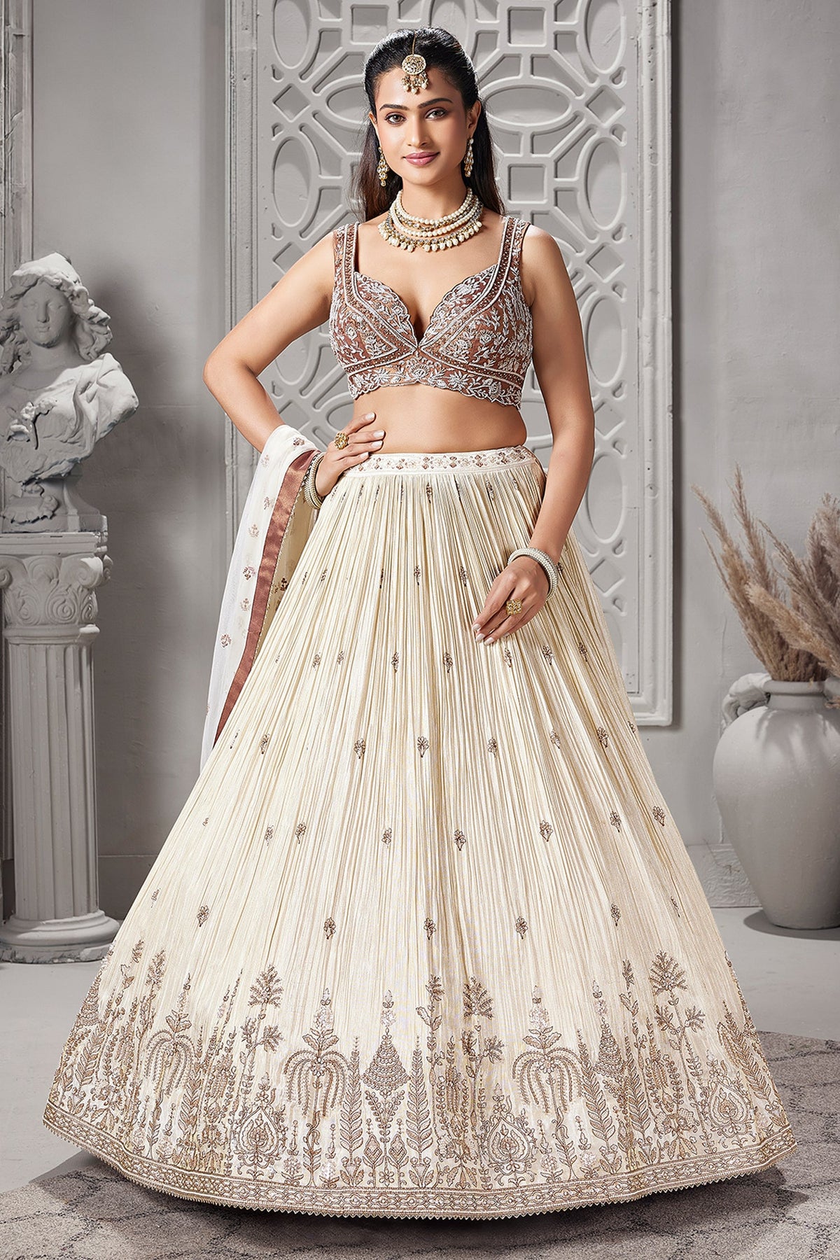 Ivory Cream Sequin Embroidered Lehenga - red saree embroidered