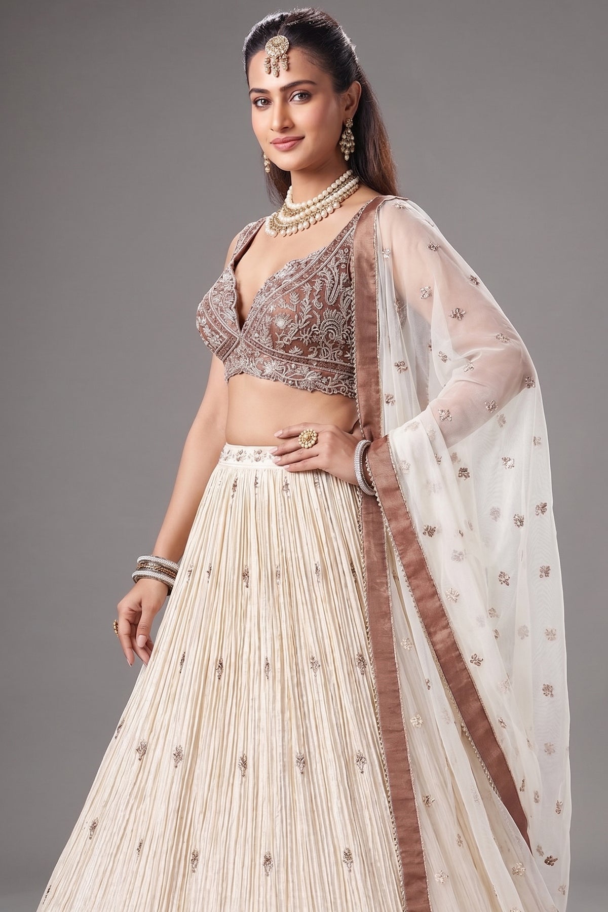 Ivory Cream Sequin Embroidered Lehenga - red saree embroidered