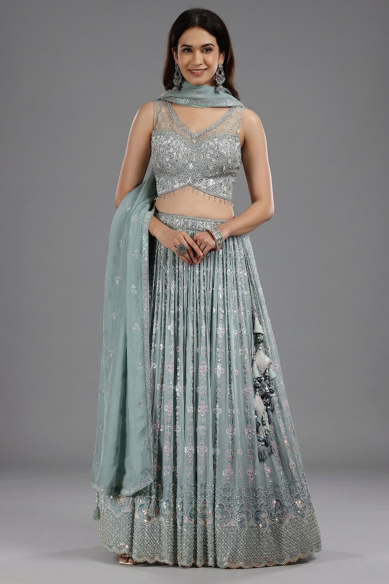 Pastel Sheen Green Organza Sequinned Lehenga with Beaded and Cutdana Work - green organza saree Main image