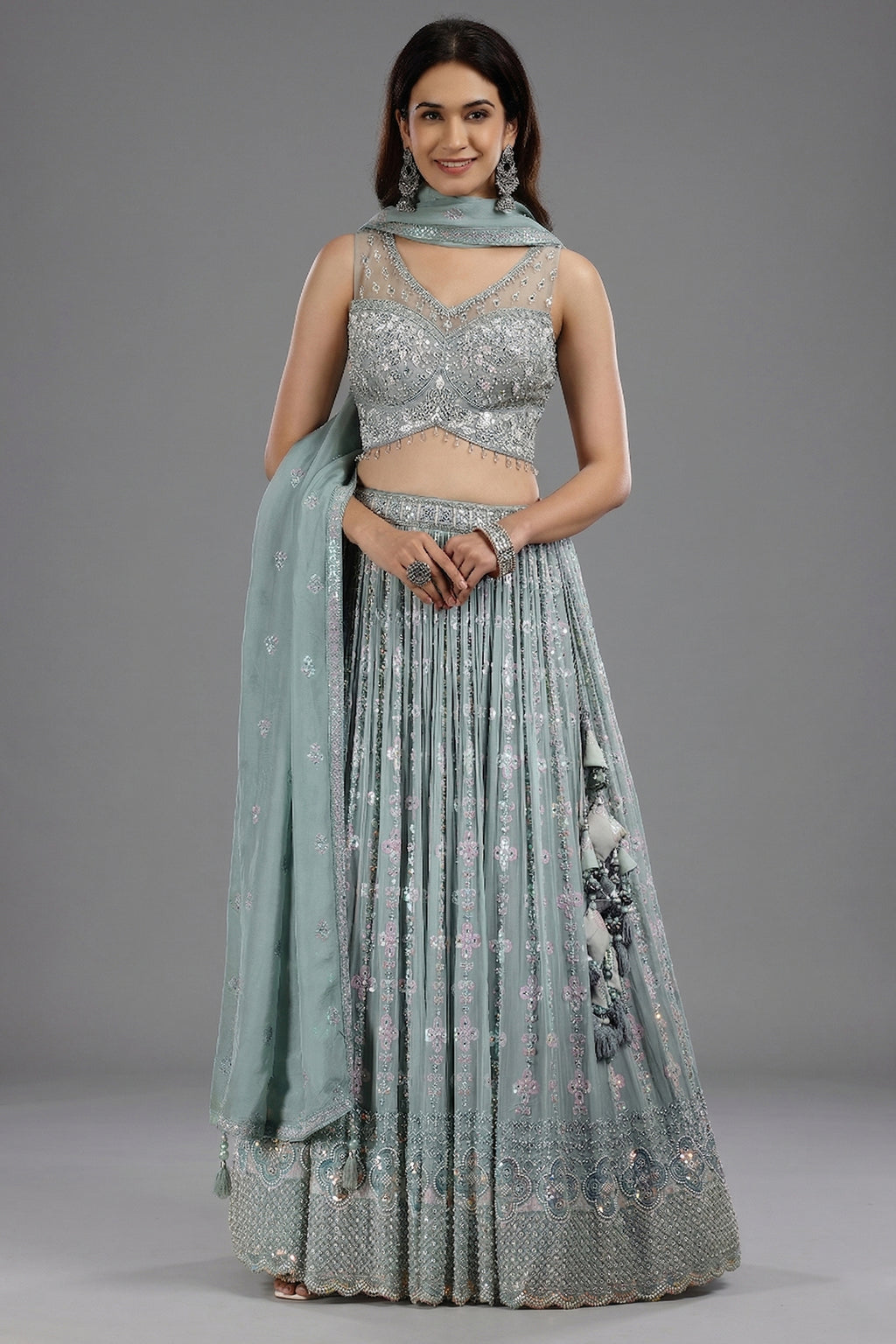 Pastel Sheen Green Organza Sequinned Lehenga with Beaded and Cutdana Work - green organza saree
