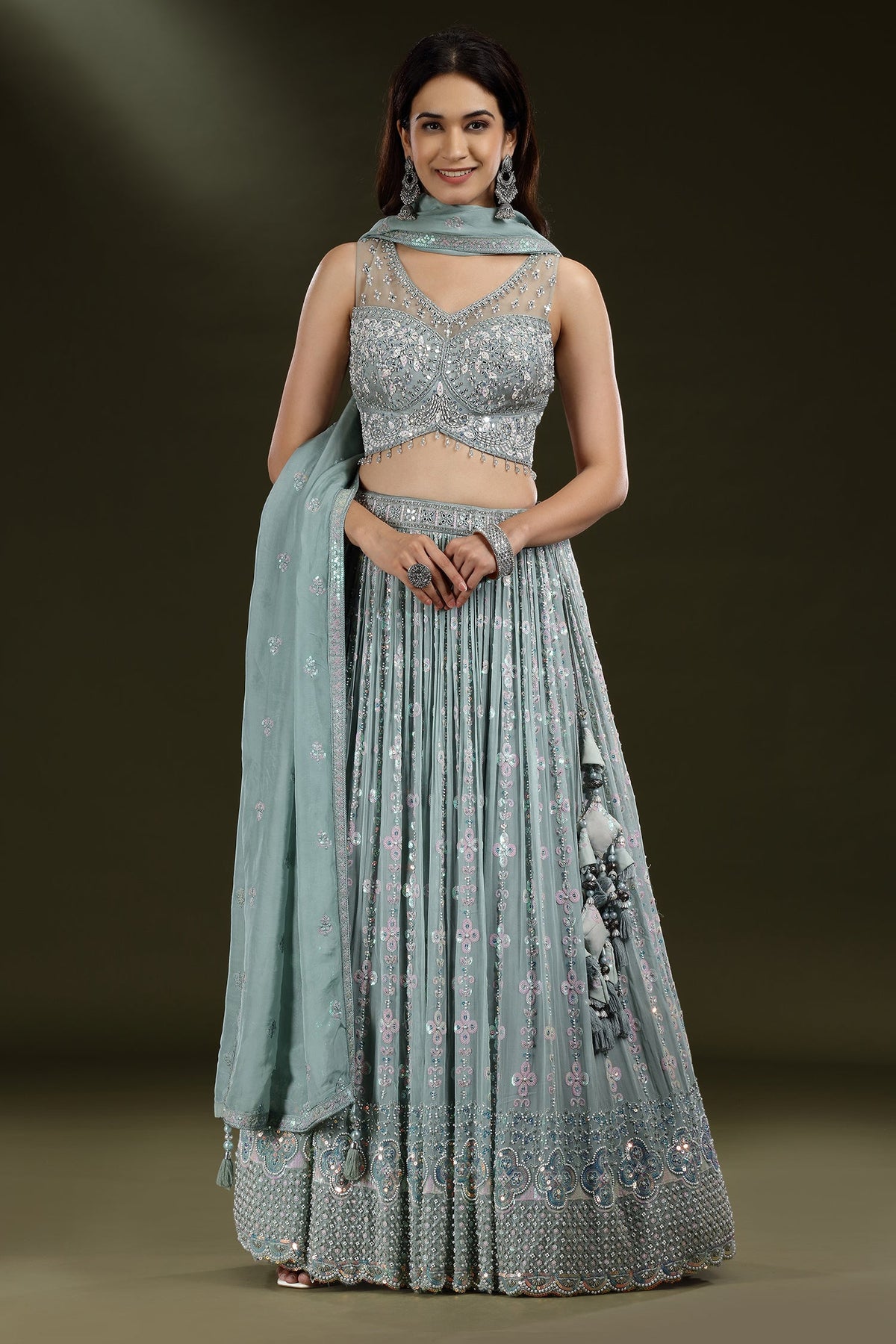 Pastel Sheen Green Organza Sequinned Lehenga with Beaded and Cutdana Work