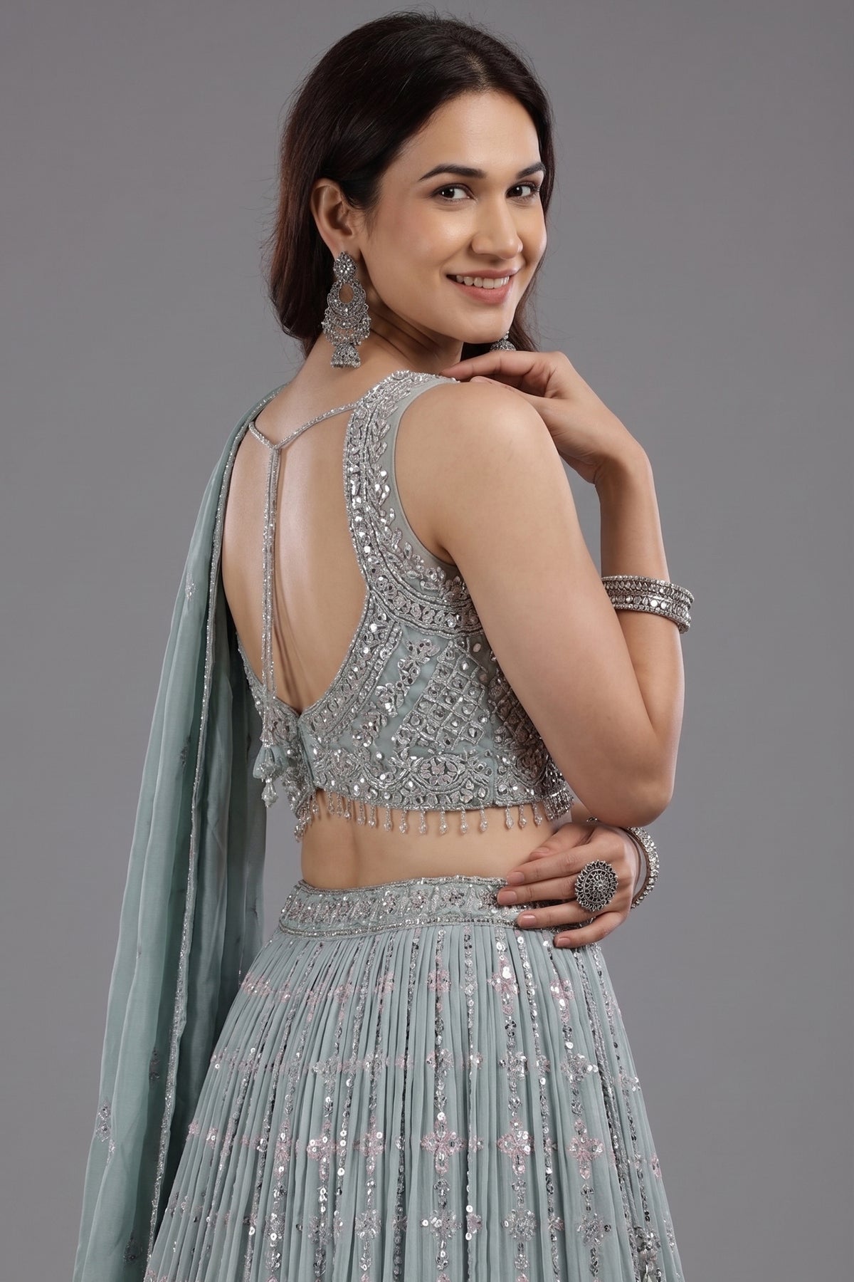 Pastel Sheen Green Organza Sequinned Lehenga with Beaded and Cutdana Work - green organza saree