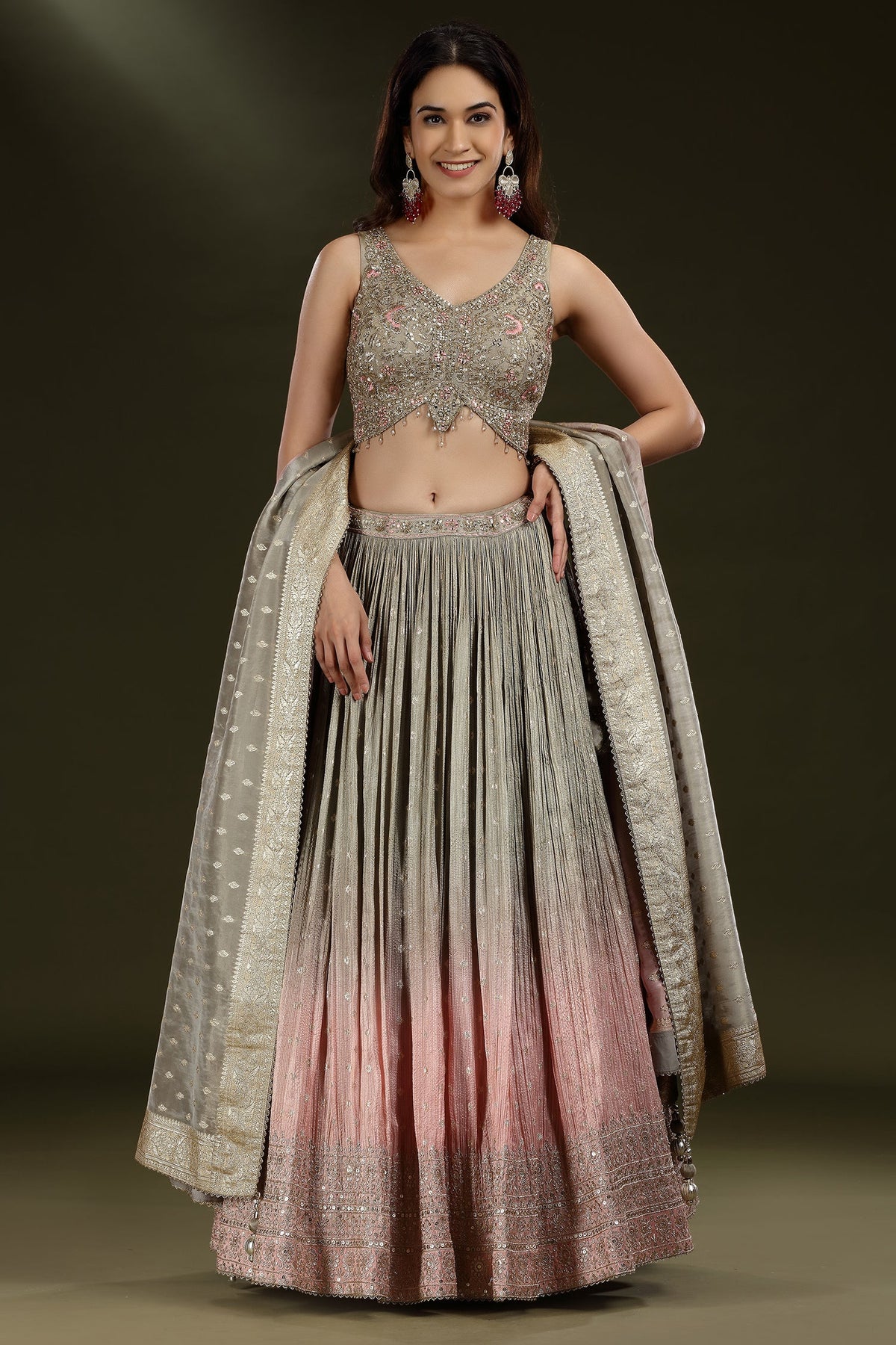Grey and Pink Ombre Tissue Sequins Worked Lehenga - pink saree