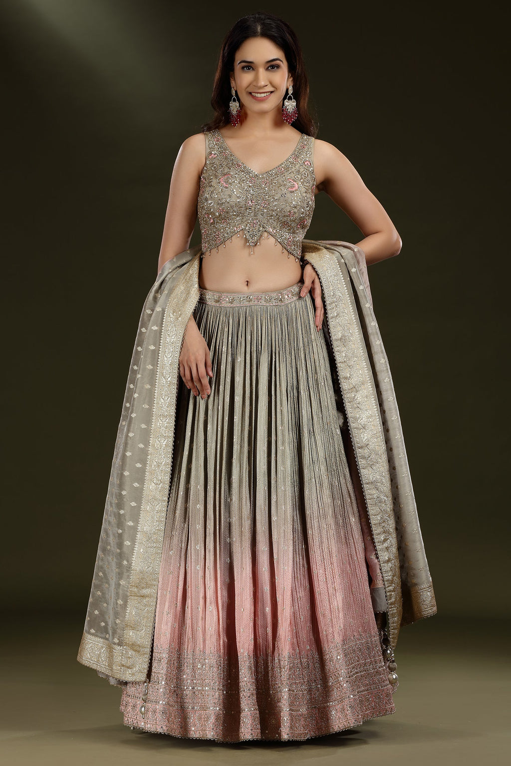 Grey and Pink Ombre Tissue Sequins Worked Lehenga - pink saree