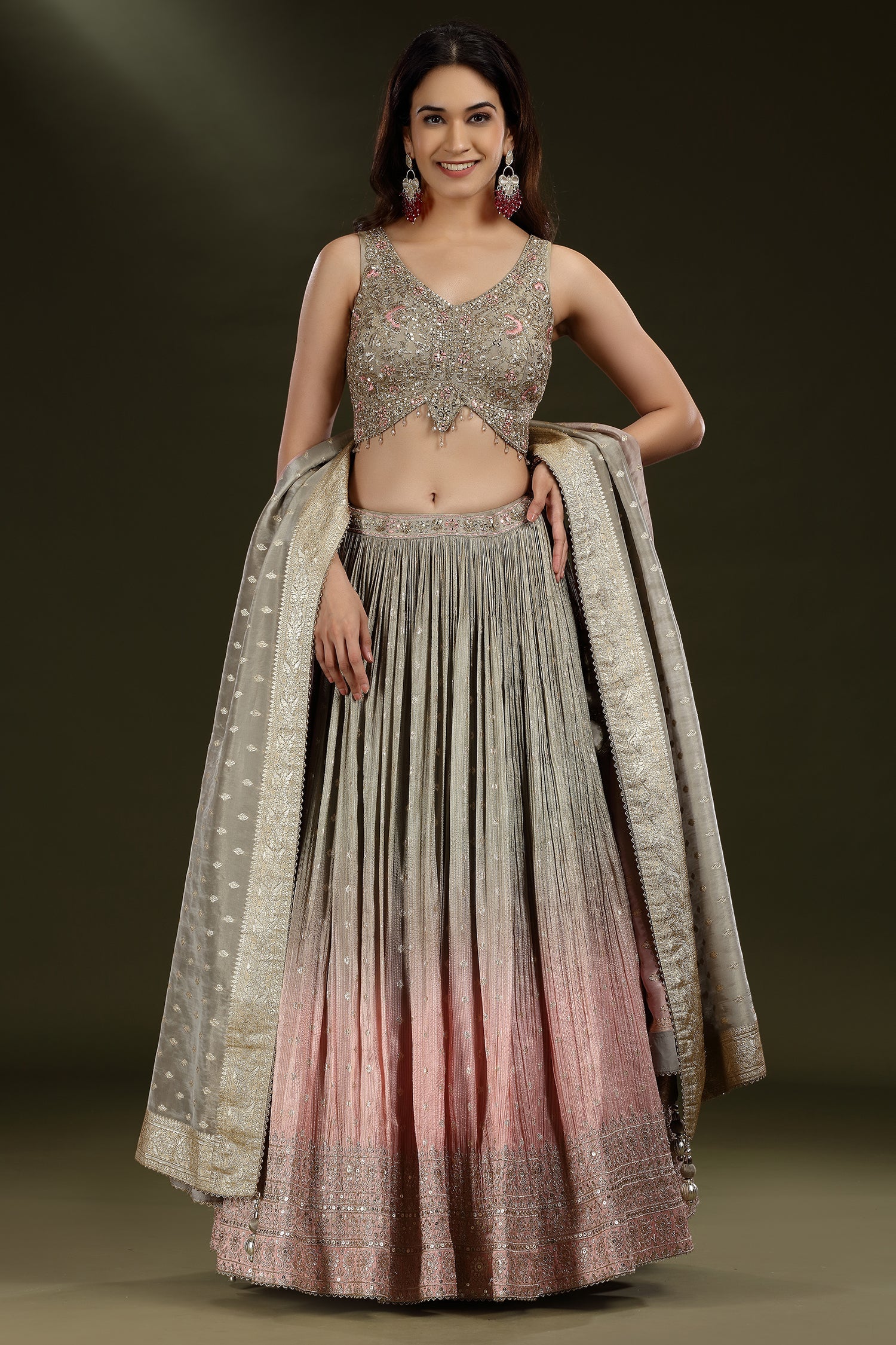 Grey and Pink Ombre Tissue Sequins Worked Lehenga - pink saree