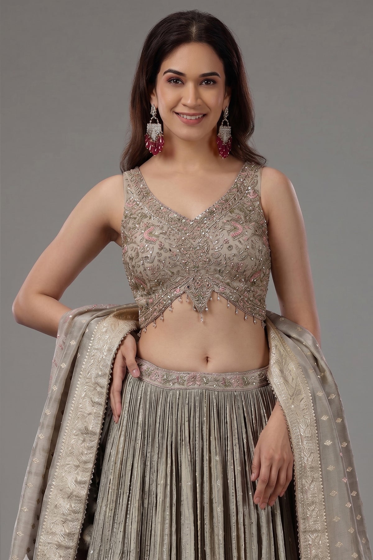 Grey and Pink Ombre Tissue Sequins Worked Lehenga - pink saree