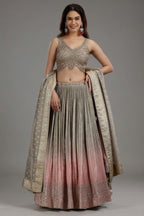 Grey and Pink Ombre Tissue Sequins Worked Lehenga - pink saree