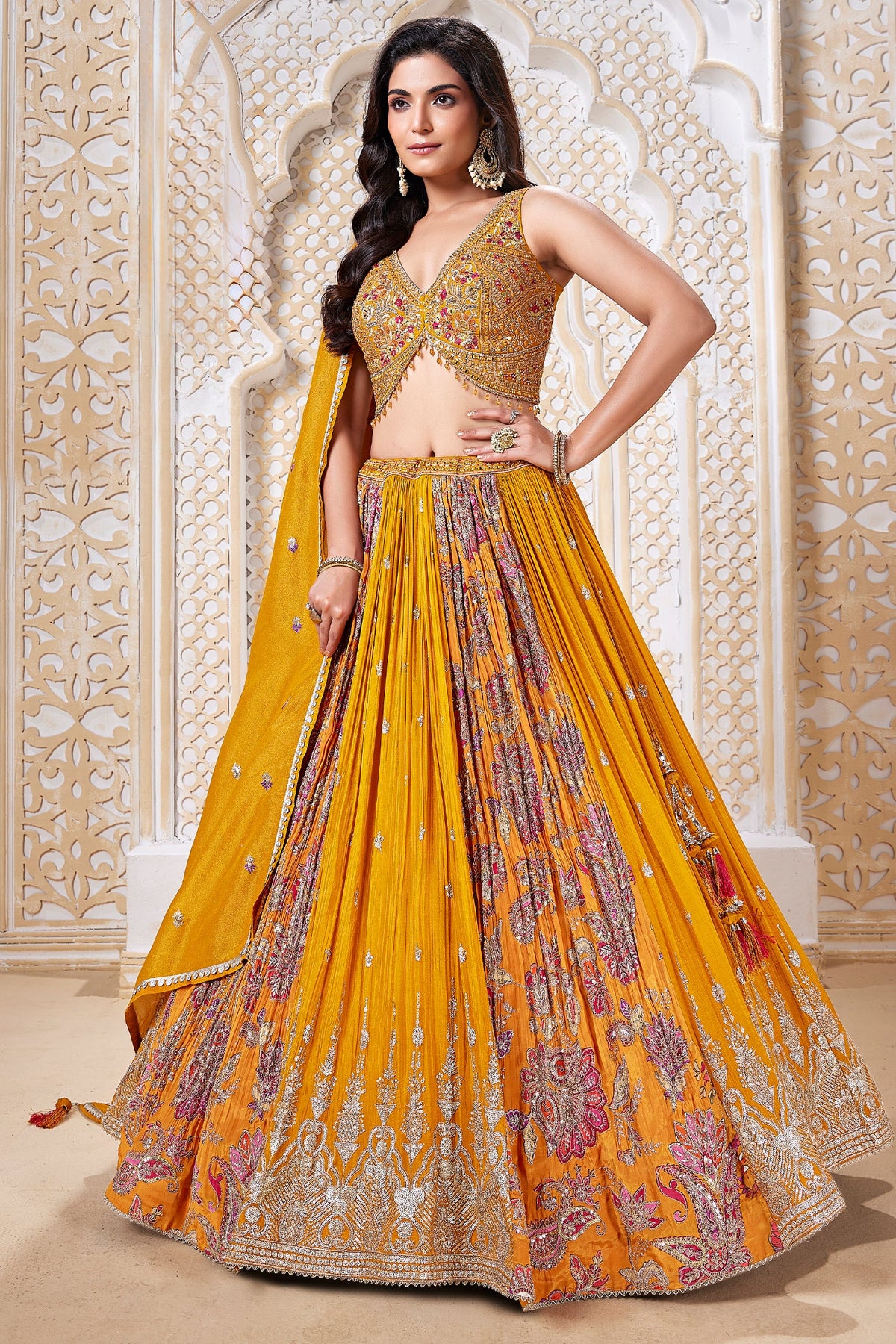 Mustard Chinon Floral and Paisley Printed Lehenga with Sequin Work