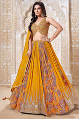Mustard Chinon Floral and Paisley Printed Lehenga with Sequin Work