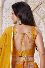 Mustard Chinon Floral and Paisley Printed Lehenga with Sequin Work