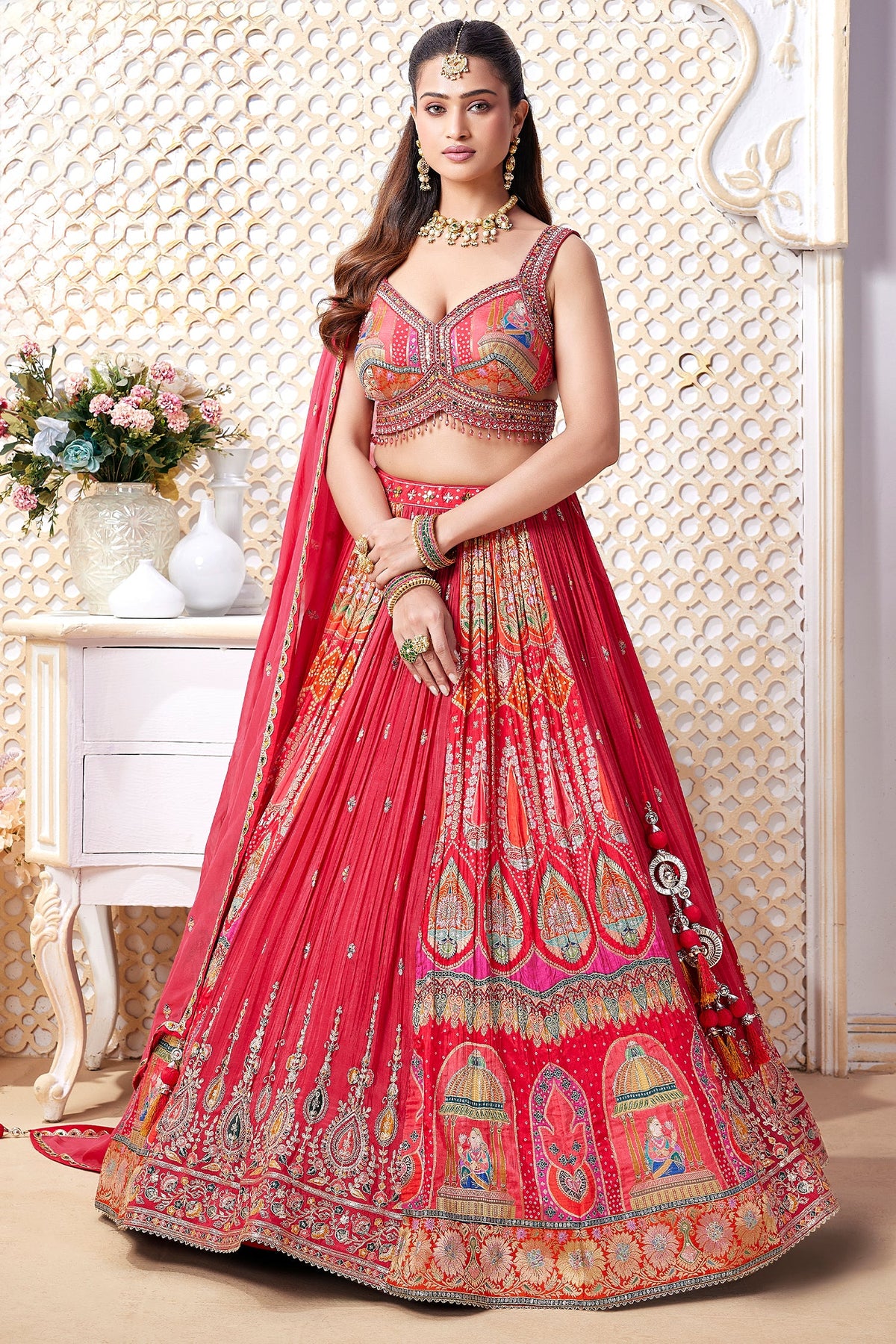 Pink Chinon Woven Pleated Lehenga