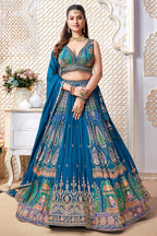 Blue Chinon Woven Pleated Lehenga - blue saree