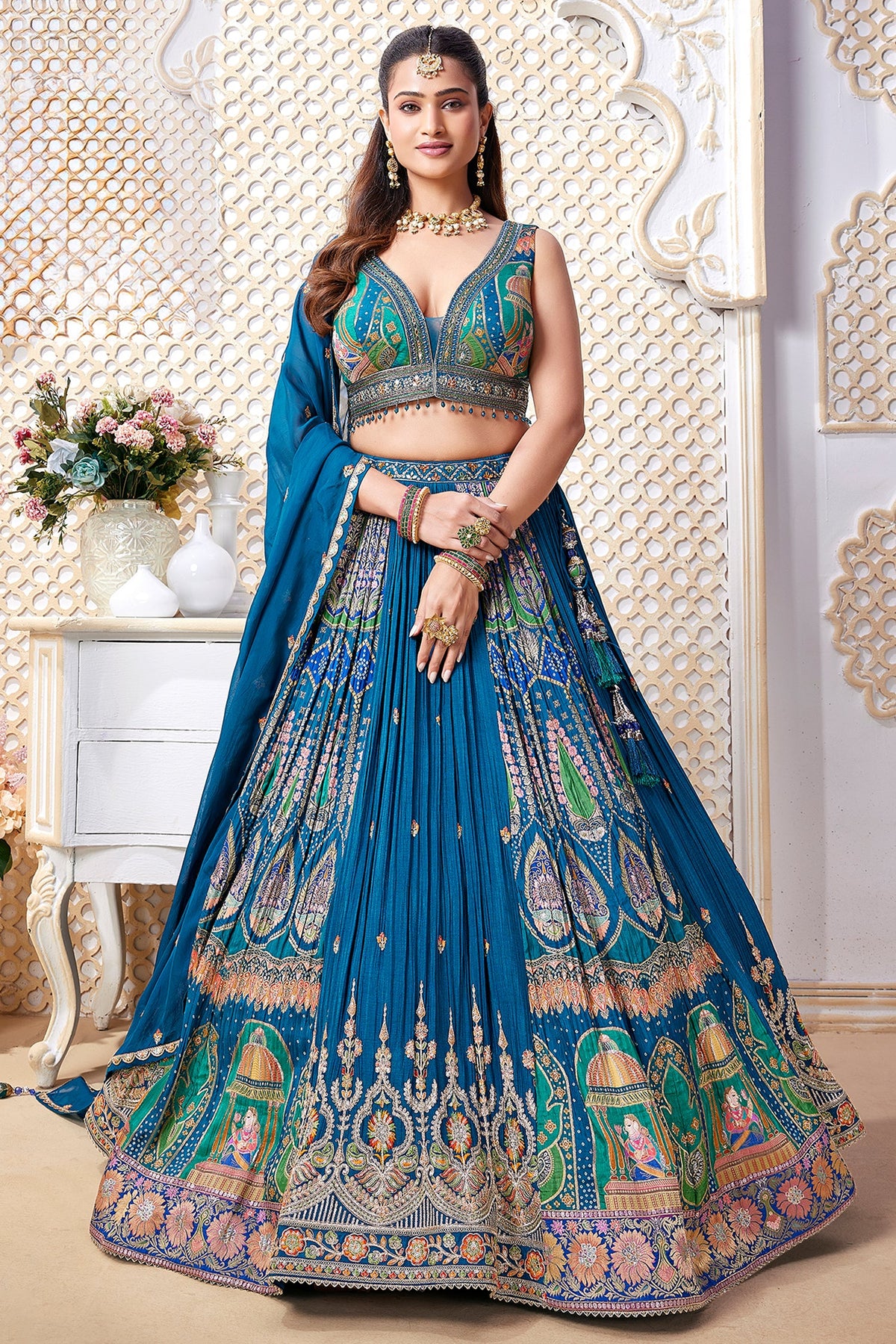 Blue Chinon Woven Pleated Lehenga
