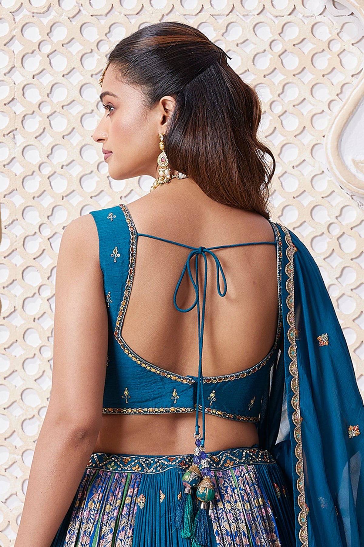 Blue Chinon Woven Pleated Lehenga - blue saree