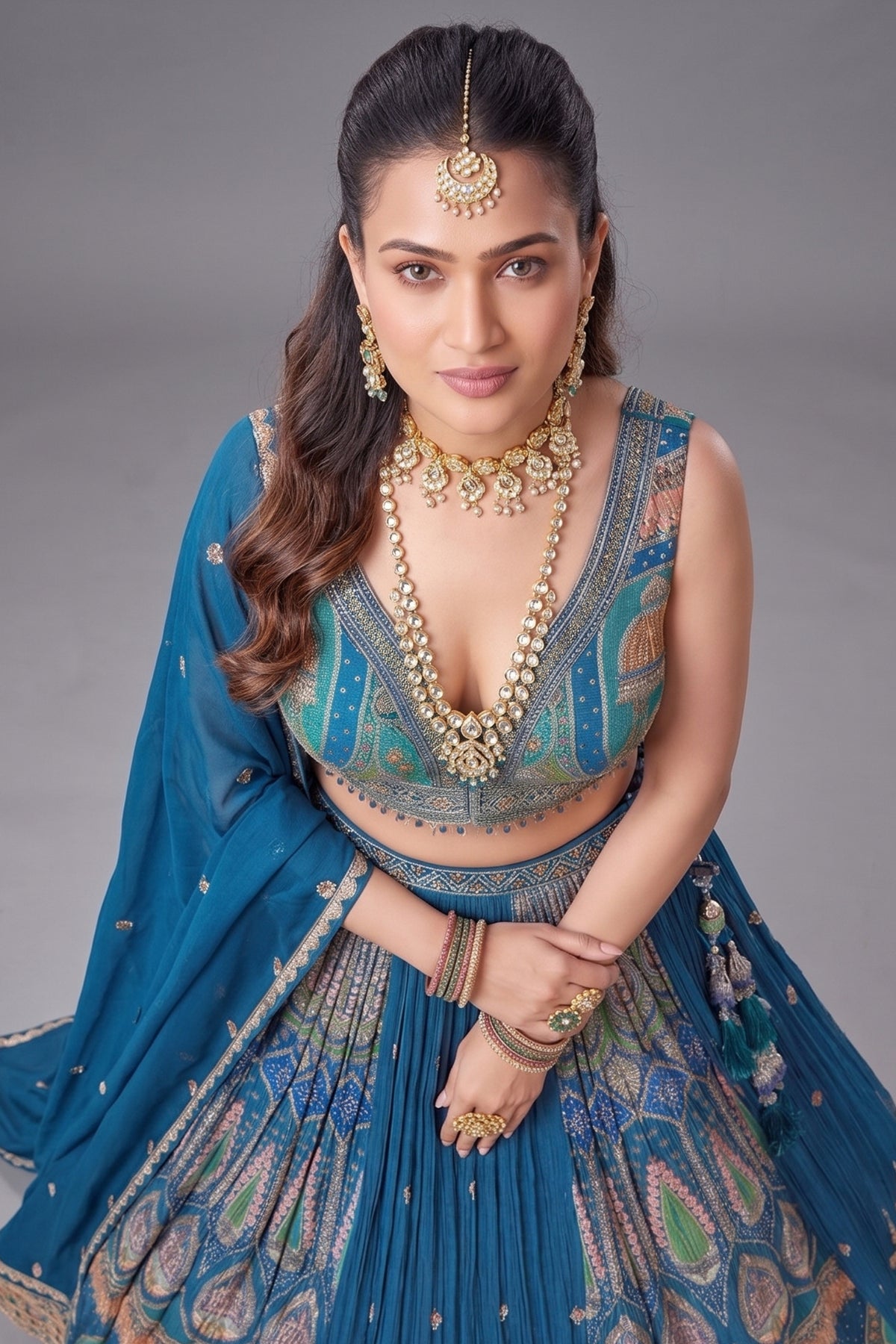 Blue Chinon Woven Pleated Lehenga - blue saree