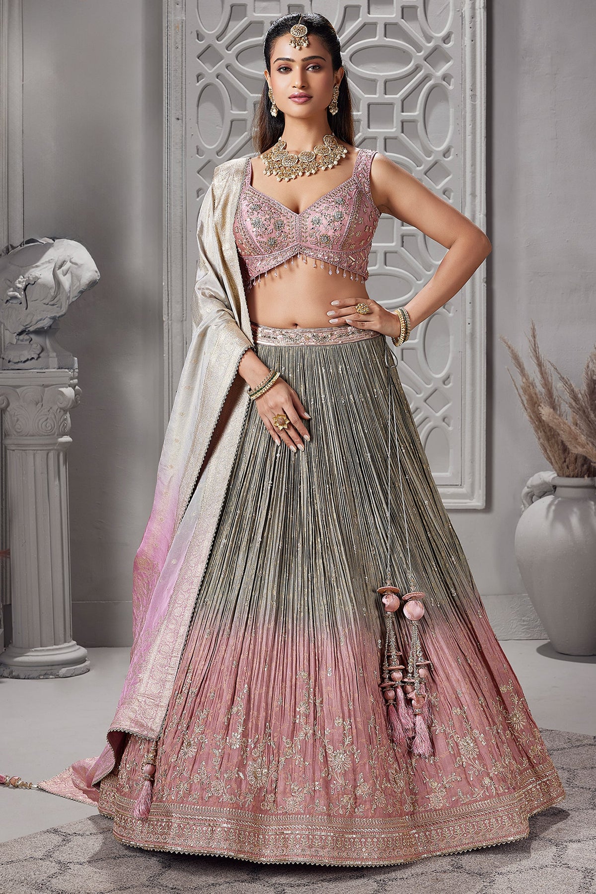 Grey and Pink Ombre Tissue Sequin Embroidered Lehenga - red saree embroidered
