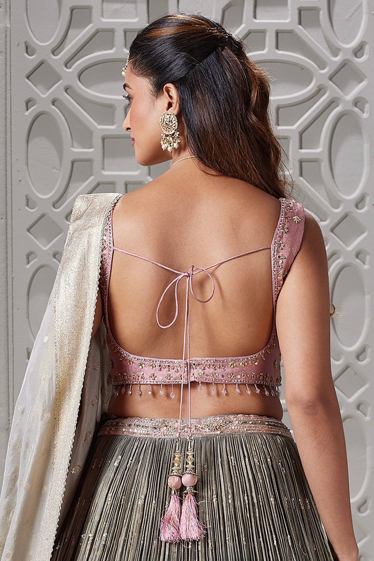 Grey and Pink Ombre Tissue Sequin Embroidered Lehenga - red saree embroidered