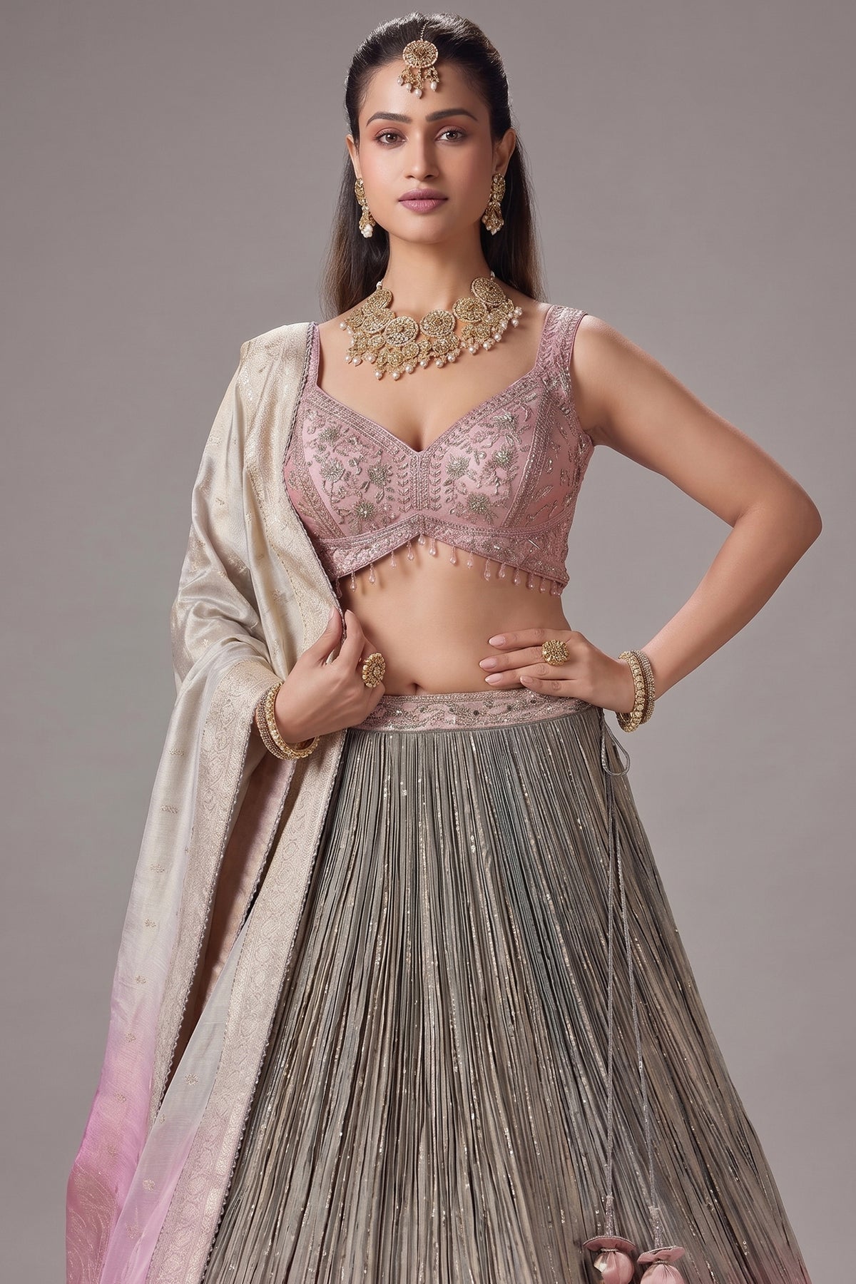 Grey and Pink Ombre Tissue Sequin Embroidered Lehenga - red saree embroidered