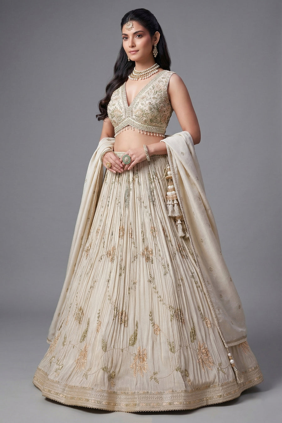 Cream Tissue Sequin and Floral Embroidery Work Pleated Lehenga - cream saree embroidery