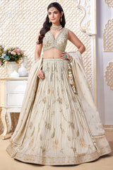 Cream Tissue Sequin and Floral Embroidery Work Pleated Lehenga