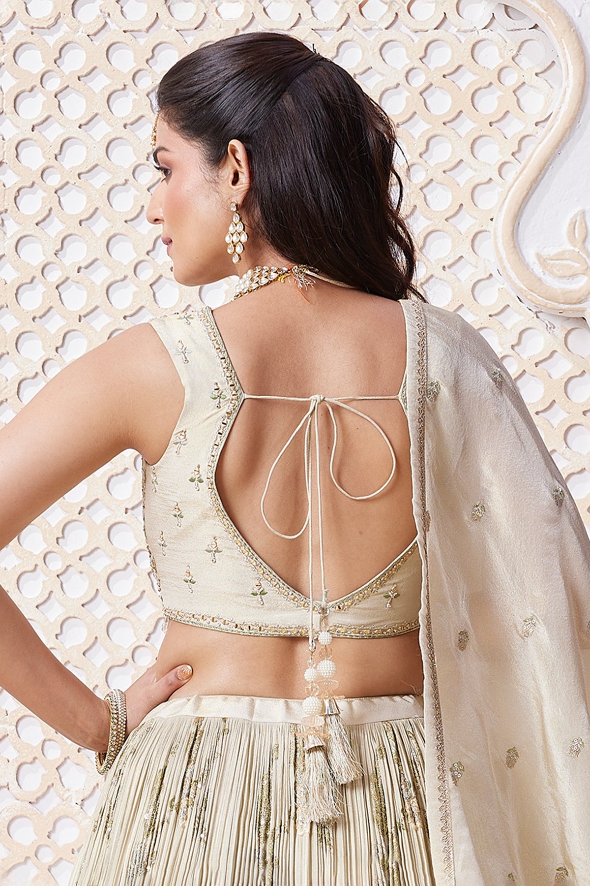 Cream Tissue Sequin and Floral Embroidery Work Pleated Lehenga - cream saree embroidery