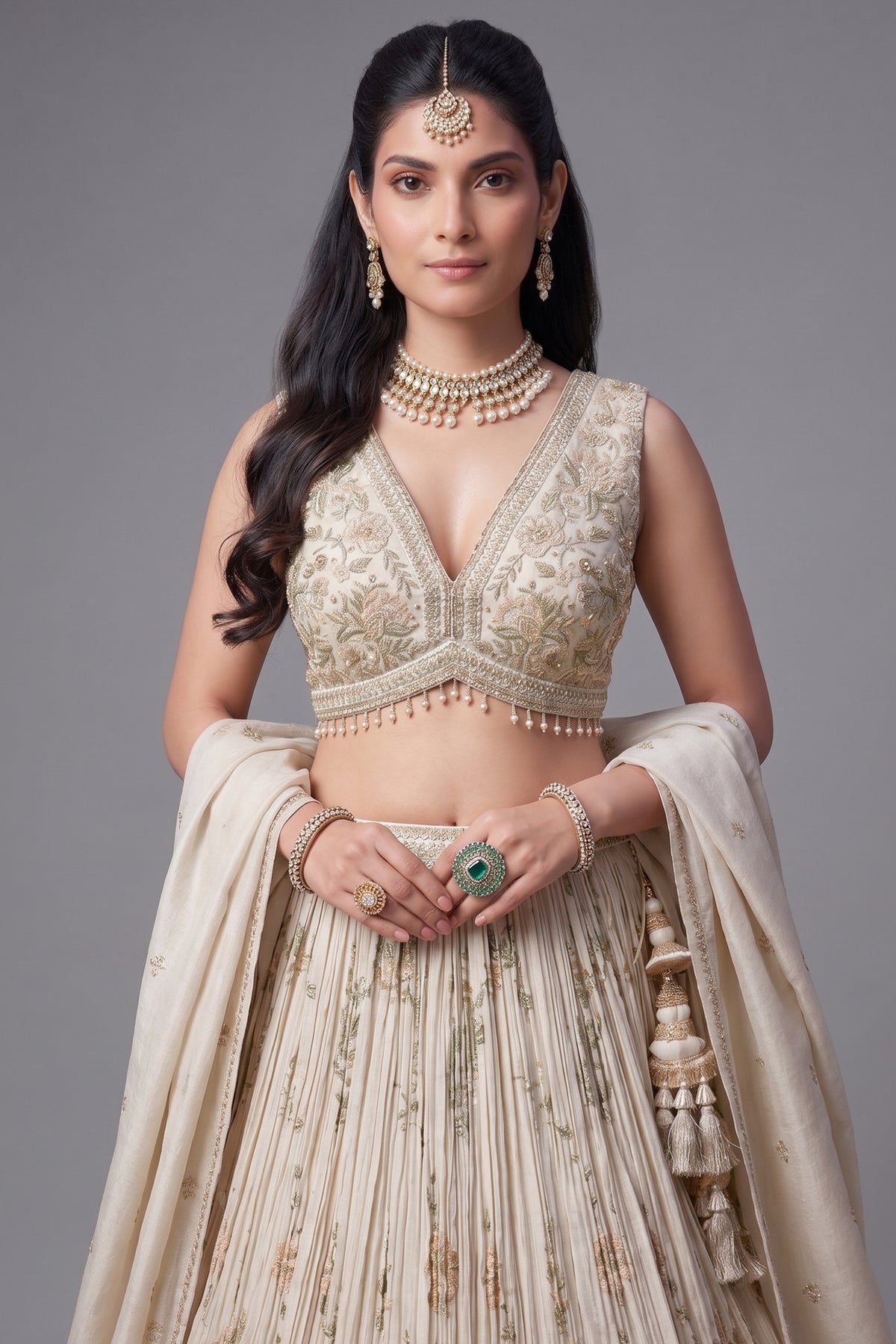 Cream Tissue Sequin and Floral Embroidery Work Pleated Lehenga - cream saree embroidery