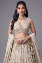 Cream Tissue Sequin and Floral Embroidery Work Pleated Lehenga - cream saree embroidery
