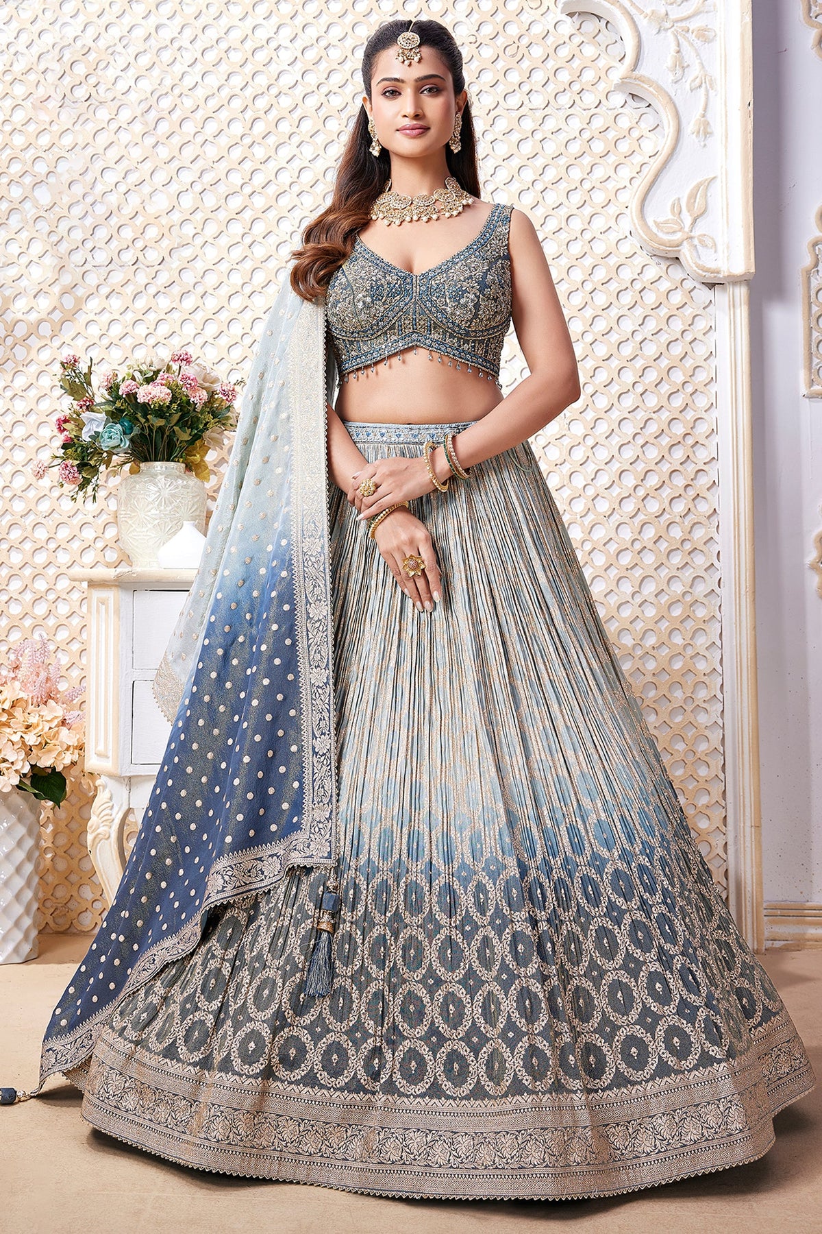 Blue Ombre Tissue Woven Lehenga - blue saree