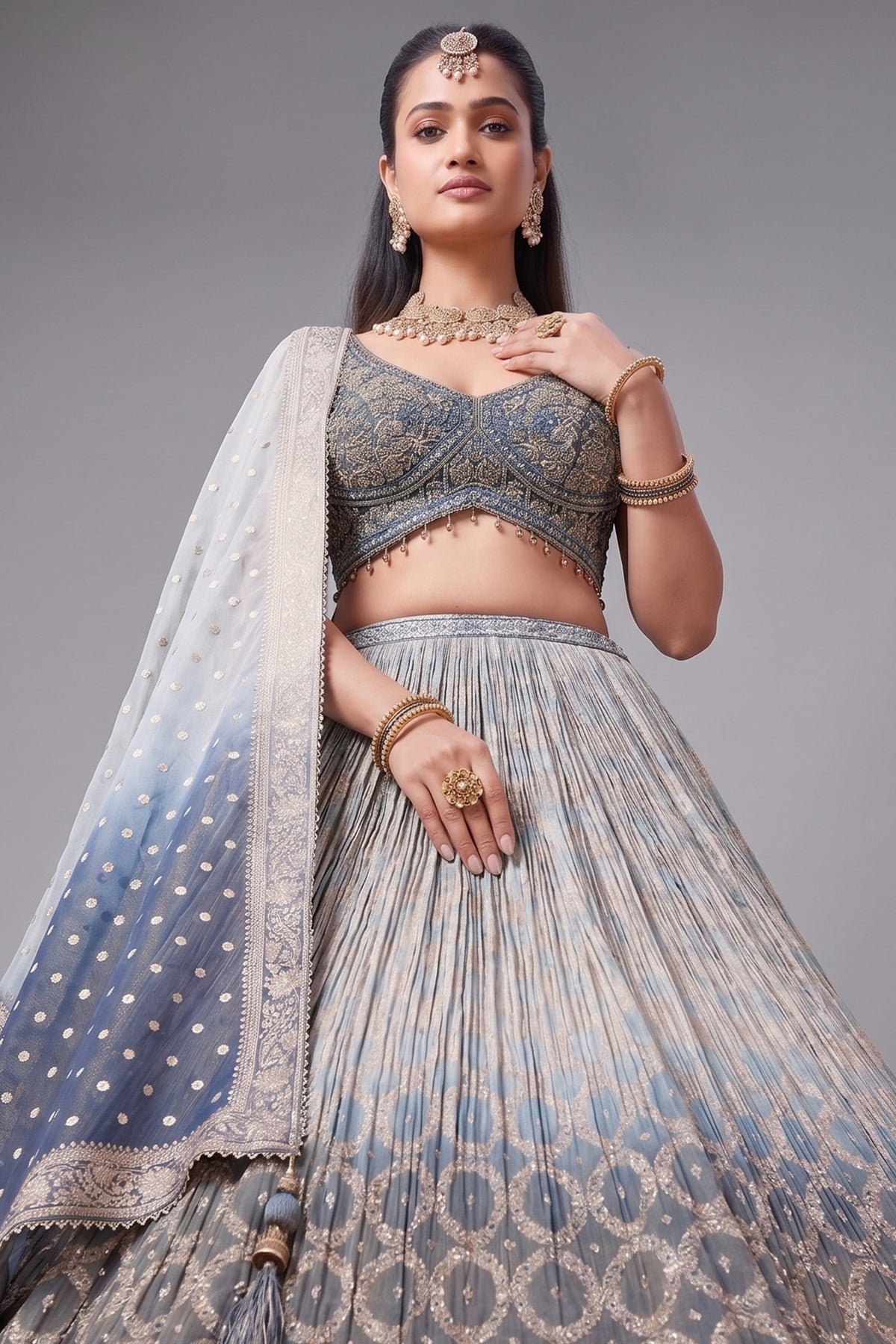 Blue Ombre Tissue Woven Lehenga - blue saree