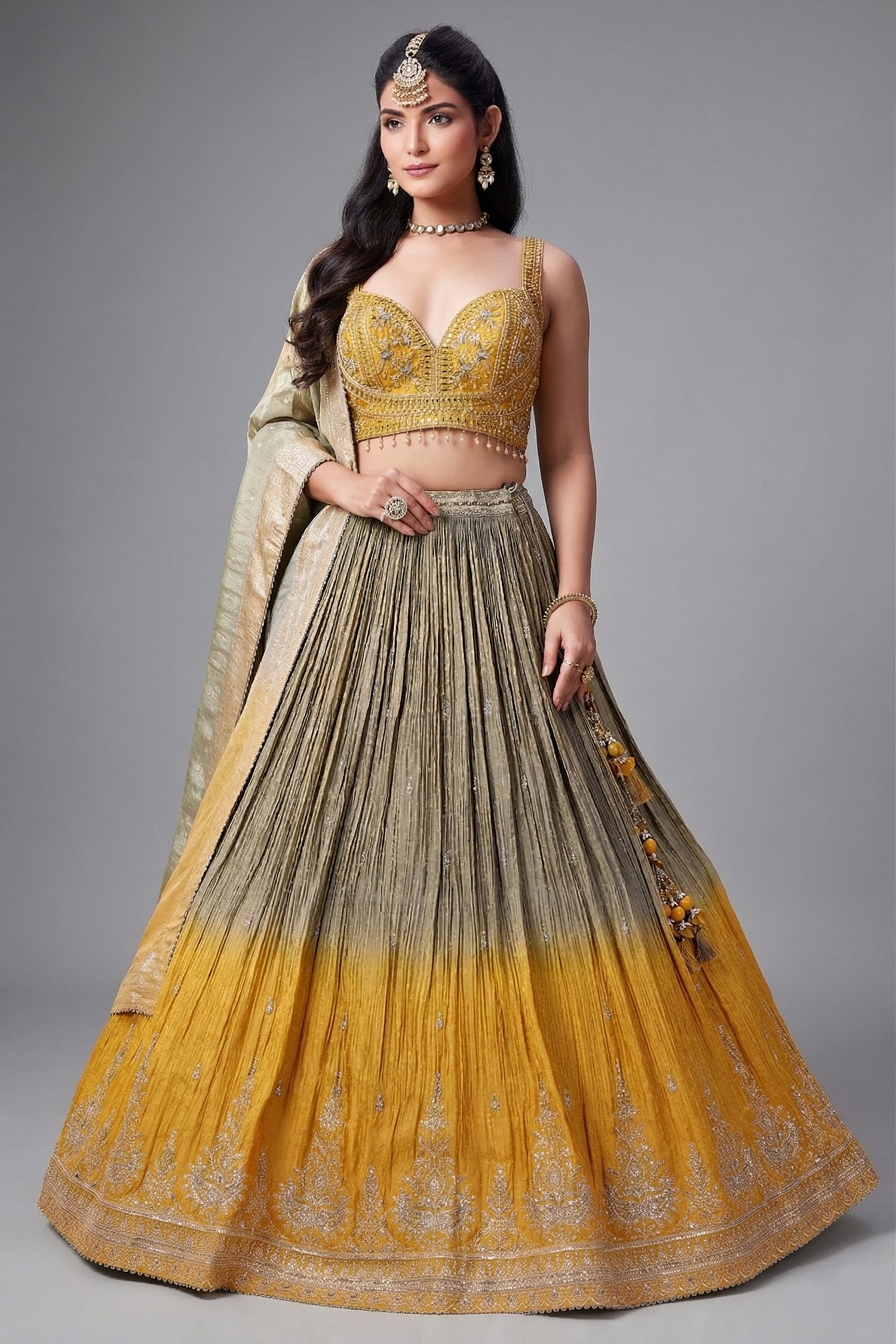Olive Green and Yellow Ombre Chinon Sequin Embroidered Pleated Lehenga - red saree embroidered