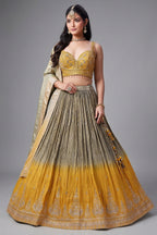Olive Green and Yellow Ombre Chinon Sequin Embroidered Pleated Lehenga - red saree embroidered