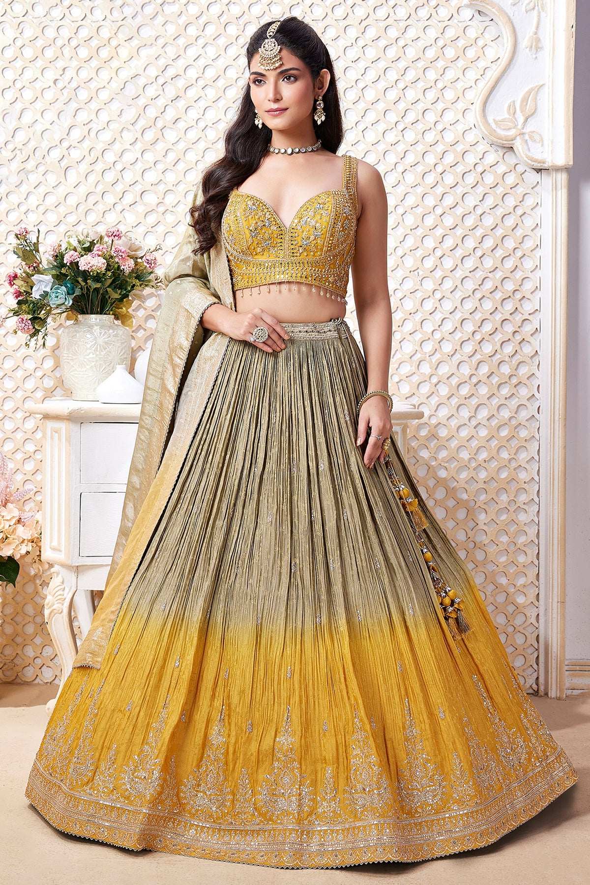 Olive Green and Yellow Ombre Chinon Sequin Embroidered Pleated Lehenga - red saree embroidered
