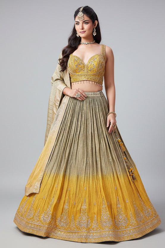 Olive Green and Yellow Ombre Chinon Sequin Embroidered Pleated Lehenga