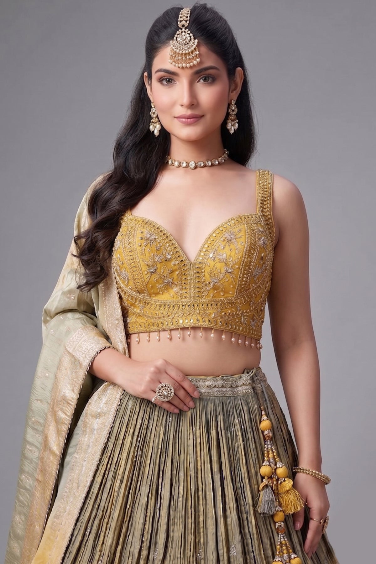Olive Green and Yellow Ombre Chinon Sequin Embroidered Pleated Lehenga - red saree embroidered