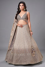 Taupe and Brown Tissue All Over Sequin Embroidered Lehenga with V Neck Crop Top - red saree embroidered