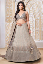 Taupe and Brown Tissue All Over Sequin Embroidered Lehenga with V Neck Crop Top - red saree embroidered
