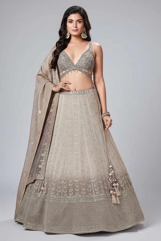 Taupe and Brown Tissue All Over Sequin Embroidered Lehenga with V Neck Crop Top