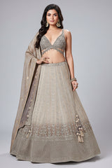 Taupe and Brown Tissue All Over Sequin Embroidered Lehenga with V Neck Crop Top