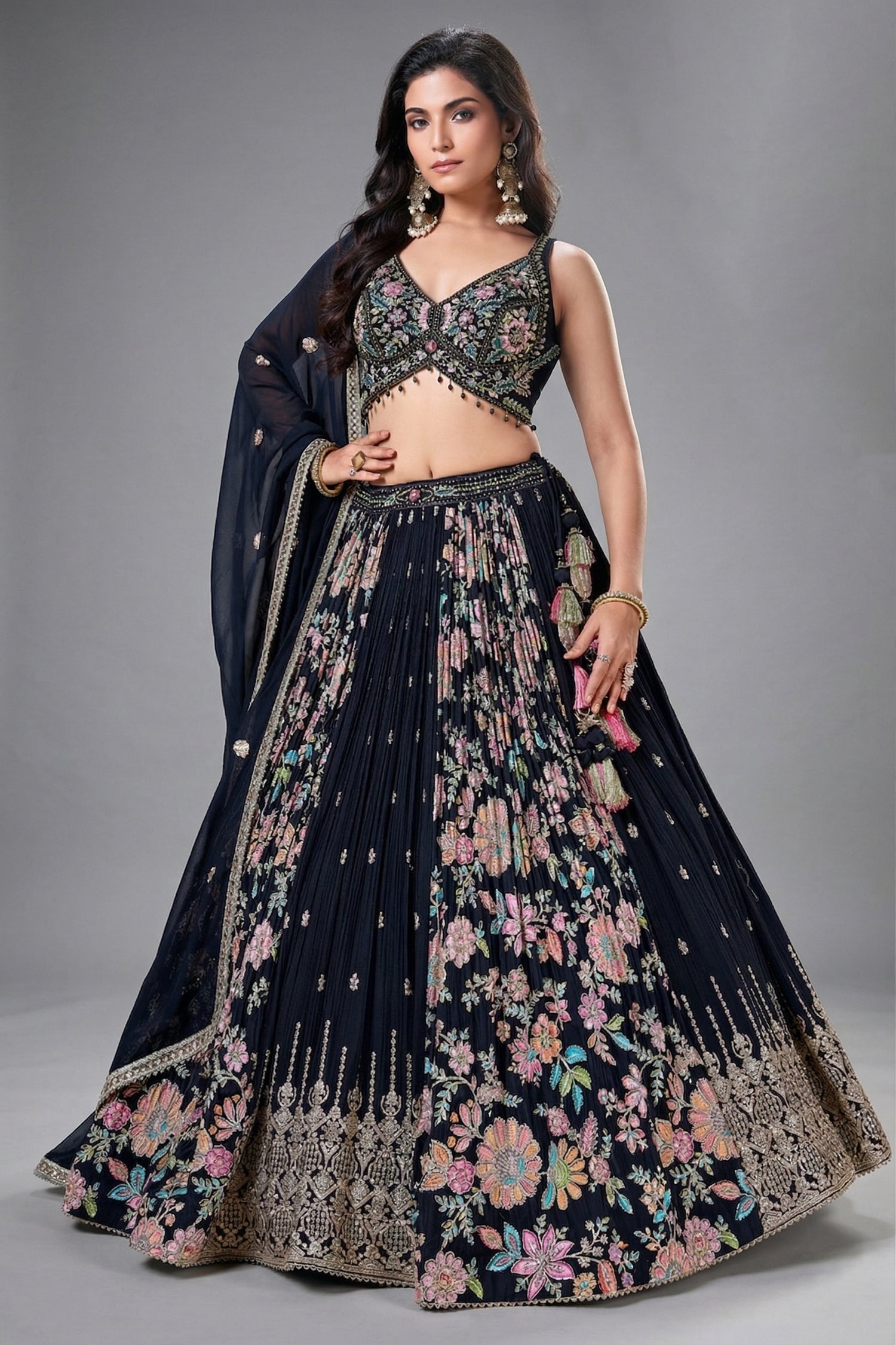 Black Georgette Chinon Floral Printed Flared Lehenga with Sequins Work - red georgette saree