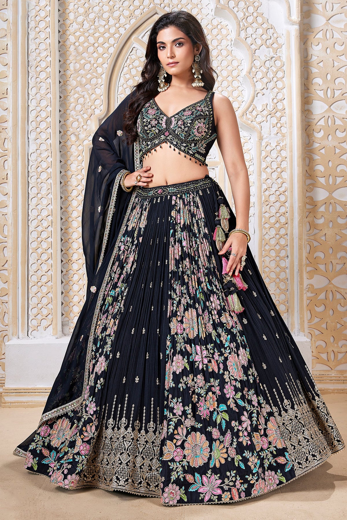 Black Georgette Chinon Floral Printed Flared Lehenga with Sequins Work - red georgette saree