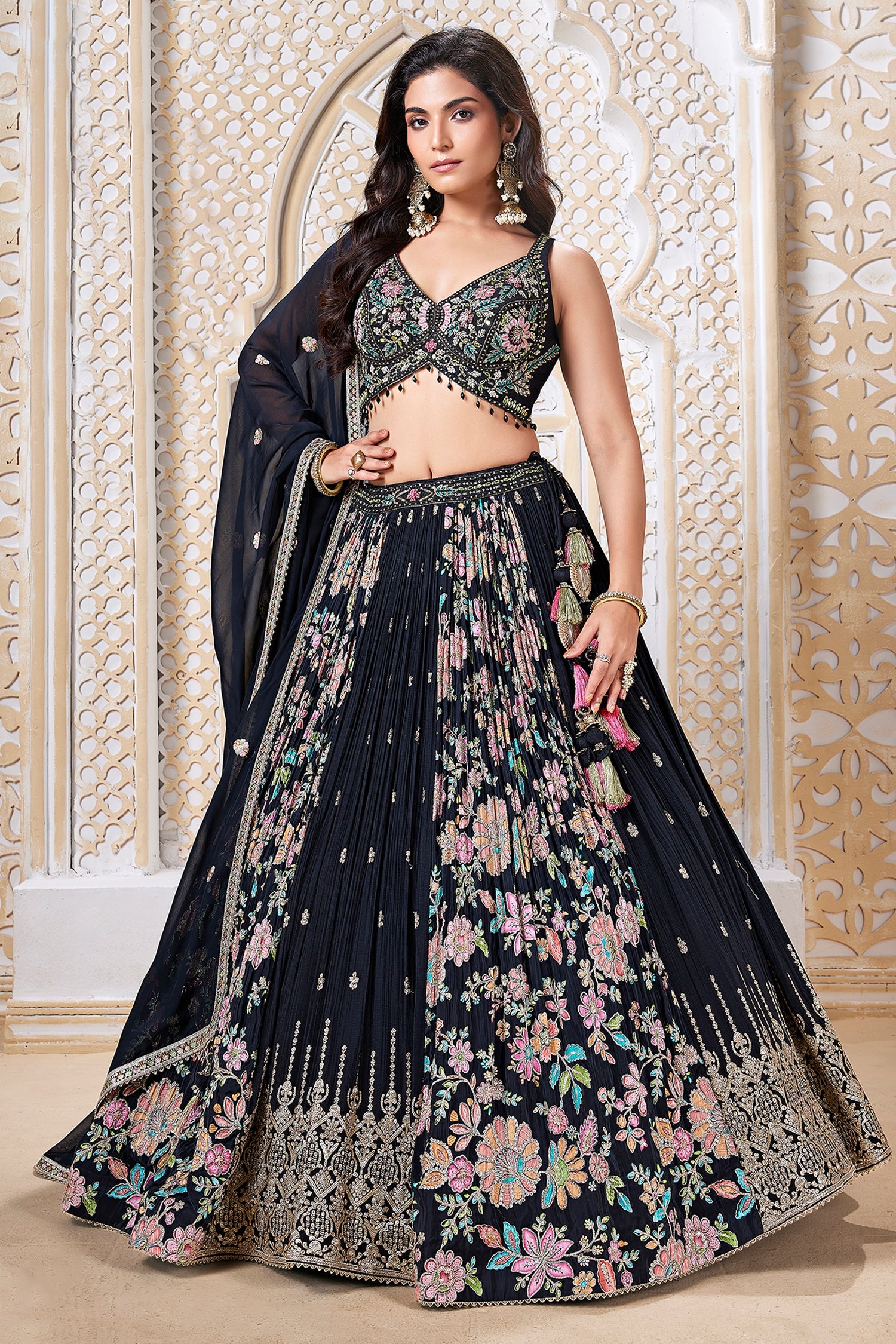 Black Georgette Chinon Floral Printed Flared Lehenga with Sequins Work - red georgette saree