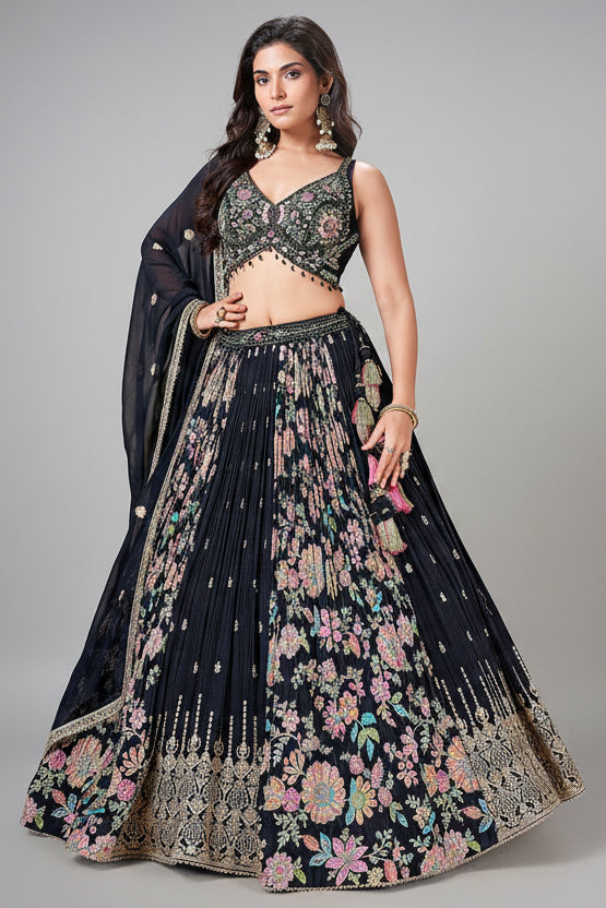 Black Georgette Chinon Floral Printed Flared Lehenga with Sequins Work
