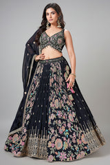 Black Georgette Chinon Floral Printed Flared Lehenga with Sequins Work
