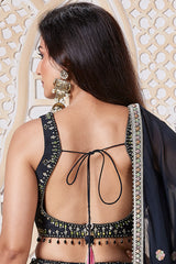 Black Georgette Chinon Floral Printed Flared Lehenga with Sequins Work