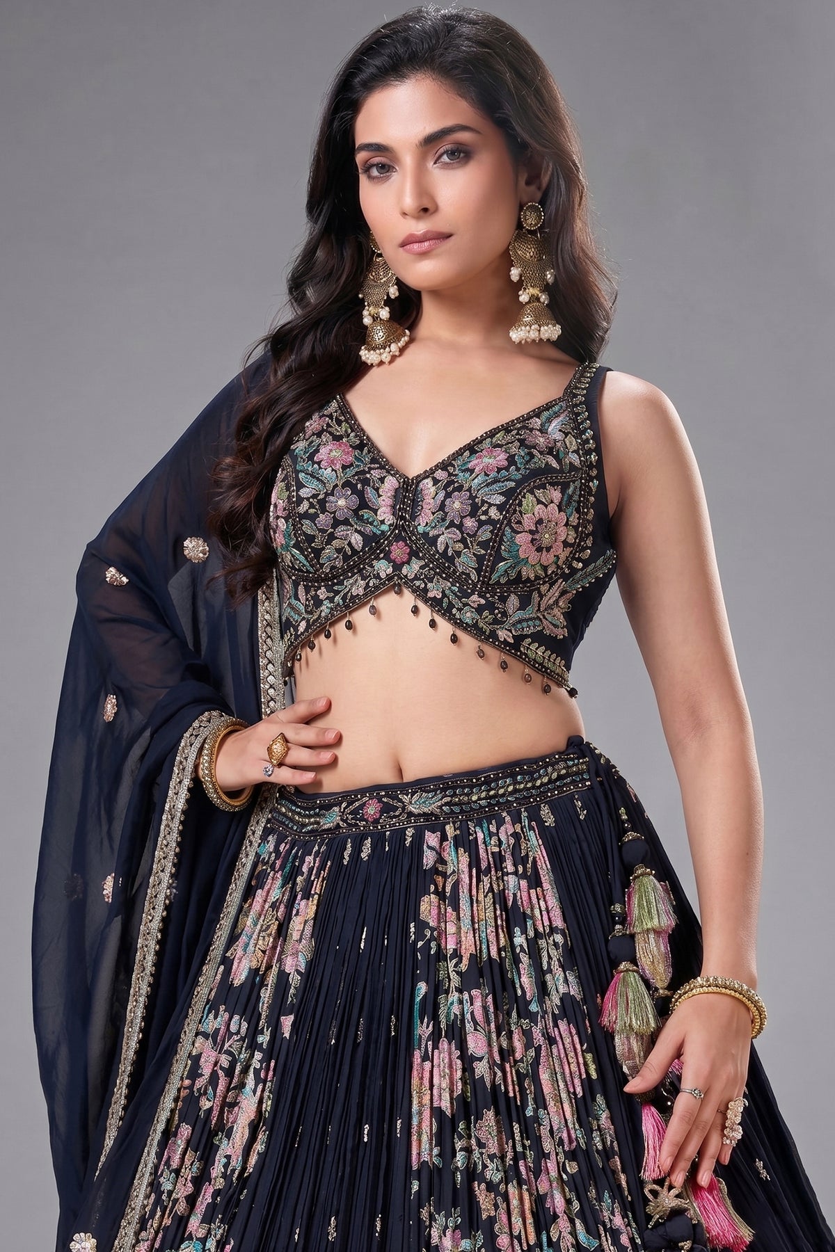 Black Georgette Chinon Floral Printed Flared Lehenga with Sequins Work - red georgette saree